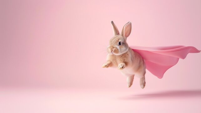 Funny baby bunny rabbit wearing superhero cloak jumping and flying on pastel pink background with copy space, concept of leap day, leap year, superhero, costume, greeting card and energetic.