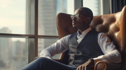 Confident serious focused stylish rich african black man sitting in chair at home looking away through window dreaming thinking of success, leadership, business vision, planning future in luxury life.