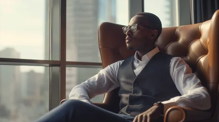 Poster Confident serious focused stylish rich african black man sitting in chair at home looking away through window dreaming thinking of success, leadership, business vision, planning future in luxury life. © Jasper W