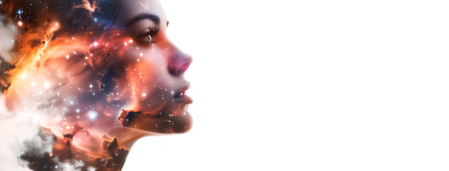 portrait de femme de profil avec double exposition et nébuleuse et nuages de gaz galactique autour sur fond blanc