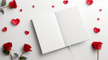 Open blank notebook and red hearts and roses on a white background. Minimal Valentine concept. Flat lay