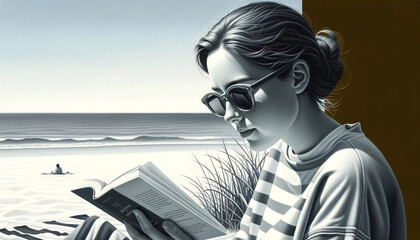Image of a girl reading a book on a beach towel, wearing a simple swimsuit and casual sunglasses. The beach is quiet, only the sound of waves and a light breeze. - obrazy, fototapety, plakaty