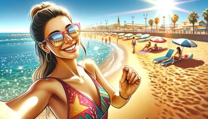 A girl taking a selfie on the beach, dressed in a bright swimsuit and eye-catching sunglasses. The selfie captured her smiling face, a sandy beach, sparkling sea and a busy boardwalk in the background - obrazy, fototapety, plakaty