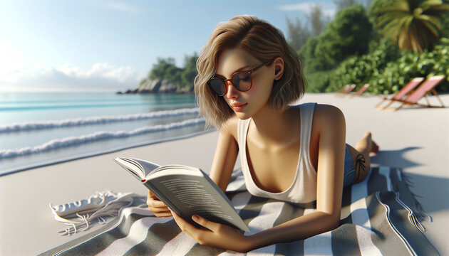 Image of a girl reading a book on a beach towel, wearing a simple swimsuit and casual sunglasses. The beach is quiet, only the sound of waves and a light breeze.