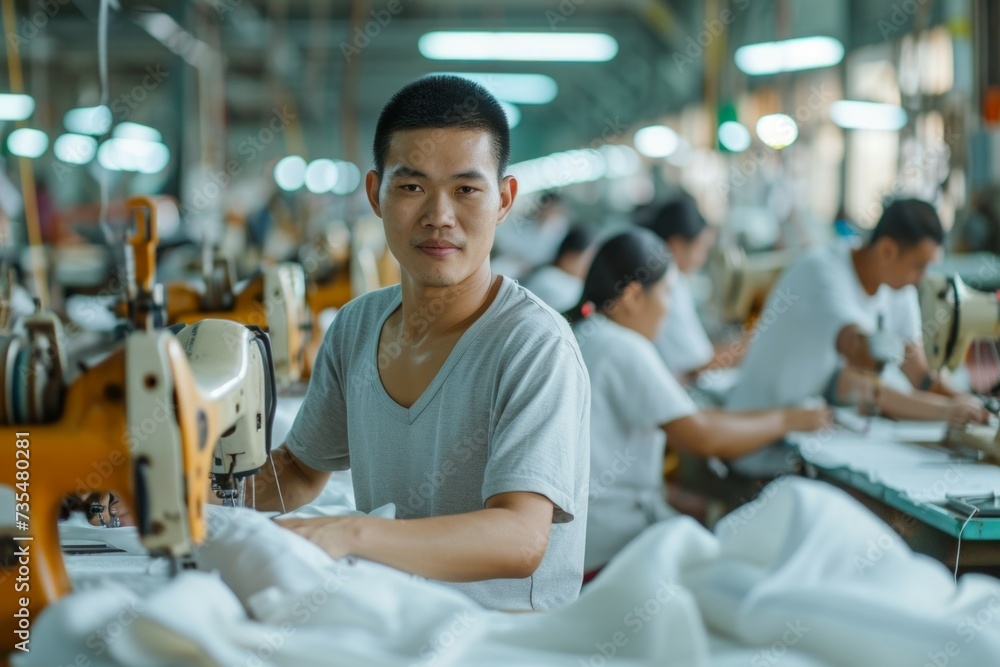 Poster workers at a textile factory. background with selective focus and copy space