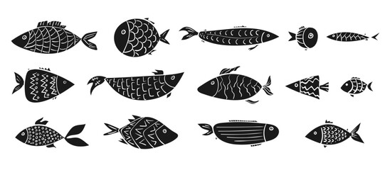 Set of cartoon simple vector linocut sardine, trout, salmon fishes. Stylized digital hand drawn block print decorated aquarium or river animals for stickers, sea logo, prints design