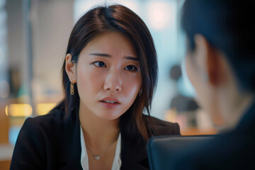 Fototapeta premium Concerned professional businesswoman at office desk contemplating business challenges