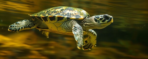 Hawksbill turtle swimming underwater, critically endangered species