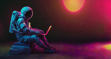 Futuristic Astronaut Working on Laptop with Cosmic Space Backdrop