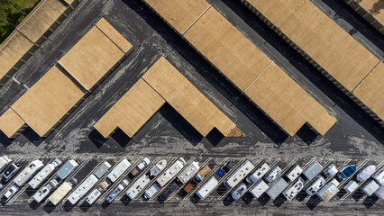 Aerial view of a long term self storage facility buildings and outdoor RV, campers and trailers...
