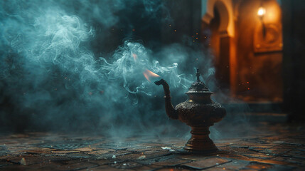 A magic lamp smolders like a cigar at its boiling point mysteries unraveling in smoke - obrazy, fototapety, plakaty