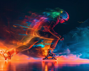 A spectrum of physical feats rollerblades dance on light speed blending with color