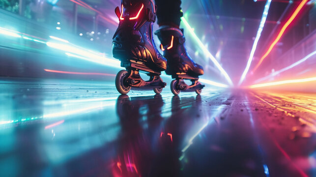 Rollerblades glide on a spectrum of light physical meets ethereal in motion