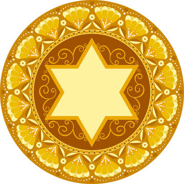 Gold beautiful David star jewish artwork illustration with copy space for wishes,blessings and holy names text in