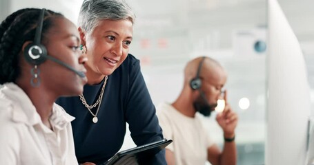 Business people, call center or training in office for contact us, customer service or help with faq and crm. Telemarketing, coaching or female consultant with senior mentor for loan, guide or advice