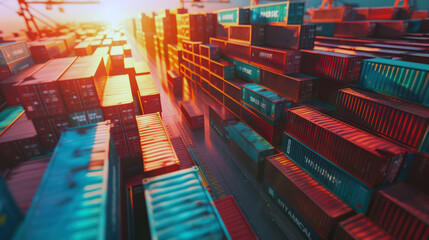 Colorful pattern of stacked shipping containers in an industrial freight terminal