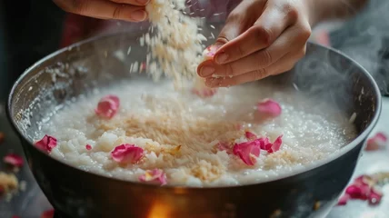 Fotobehang scene featuring a pot of simmering congee with rose petals floating on top, capturing the fusion of flavors and aromas © Anna