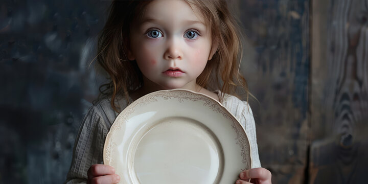 Hungry Child Holding Empty Plate, copy space. A young girl with big, expressive eyes holds out an empty plate, conveying hunger or poverty.