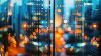 Twilight cityscape reflections on modern glass skyscraper building