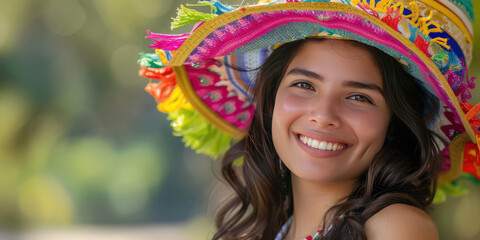 Joyful Woman in Colorful Hat. Happy Hispanic young woman with a smile, wearing a vibrant, multi-colored hat, symbolizing celebration and happiness.  