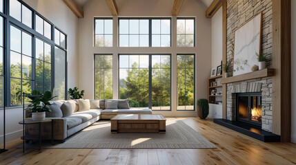 Spacious living room with large windows and natural light
