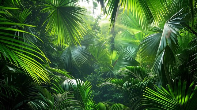 Beautiful green jungle of lush palm leaves, palm trees in an exotic tropical forest, wild tropical plants nature concept for panorama wallpaper