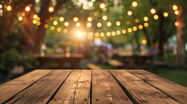 Blurry background of a party in a garden with an empty wooden table.