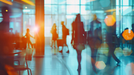 Busy corporate lobby with silhouettes of professionals and abstract sunlight reflections