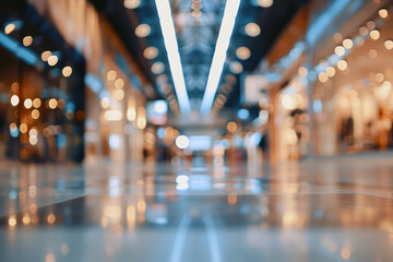 Blurred view of busy mall corridor with shimmering lights and modern architecture - obrazy, fototapety, plakaty