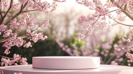 Empty podium with garden bokeh background with the cherry blossom outdoor theme