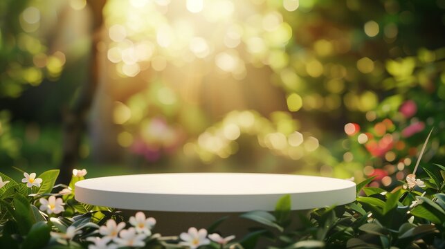 Empty podium with garden bokeh background with the outdoor theme, Template mock up for display of product