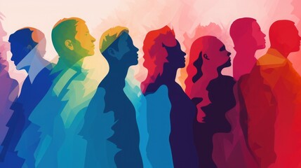 rainbow, multi-colored silhouettes. people of different ethnicities and cultures stand side by side together