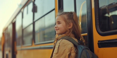 Smiling Schoolgirl getting in School Bus. Portrait of Little girl stand by orange school bus, exuding cheerfulness and youthful energy.
