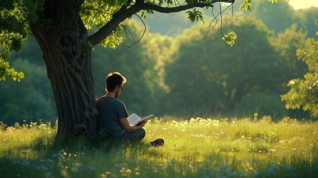 Handsome man reading book under tree on green meadow near forest
