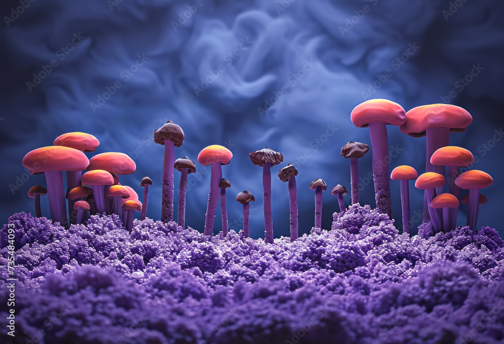Poster magic mushrooms. backdrop with selective focus and copy space