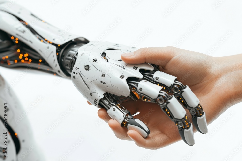Poster the gentle touch of a human on a robot. backdrop with selective focus and copy space