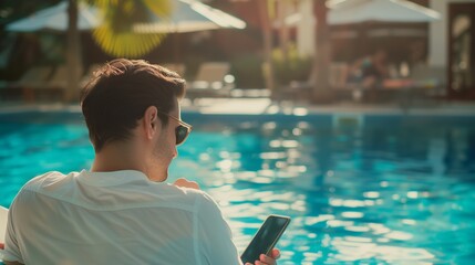 Man spending sunny day by swimming pool and using mobile application or checking social media on smartphone