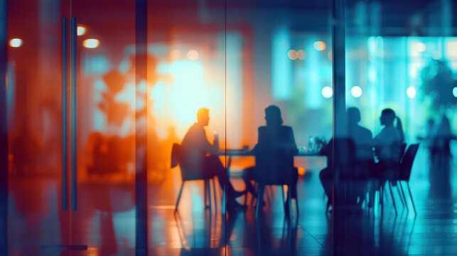 Abstract blurred corporate office meeting with business team in discussion