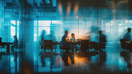 Abstract blurred corporate office meeting with business team in discussion