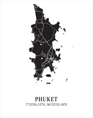 Phuket city map. Travel poster vector illustration with coordinates. Phuket, Thailand Vector Map in dark mode.