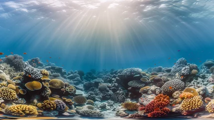 Fototapeten Red sea coral reef landscape with corals and damsel fishes with sun rays banner background © Sanan