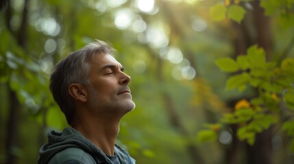Relaxed adult man breathing fresh air in a forest with green trees in the background - obrazy, fototapety, plakaty