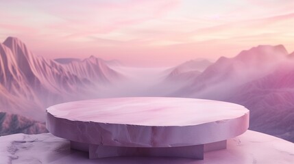 Rock podium table top with outdoor mountains pink pastel color scene nature landscape at sunrise blur background.Natural beauty cosmetic or healthy product placement presentation pedestal display.
