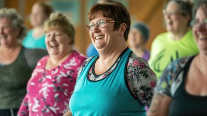Participants smiling and sweating as they follow a choreographed routine, showing the fun and social aspect of step aerobics classes