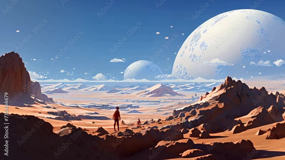 Poster furturistic outer space landscape with several moons generative ai