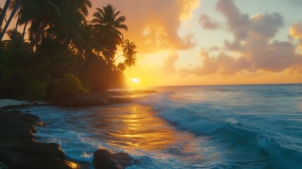 Fototapeta na wymiar Sunrise Wave, Tropical Island Atoll, Nature Untouched Paradise