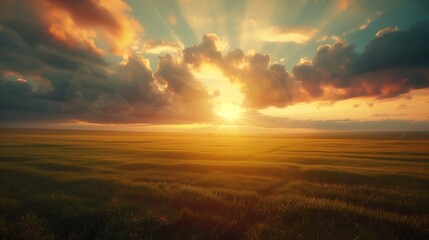 Naklejka na ściany i meble Sunset and big sky with cloud over fields of farmland