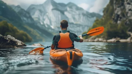 Foto op Aluminium Whitewater kayaking, extreme kayaking, a guy in a kayak sails on a mountain river © Dave