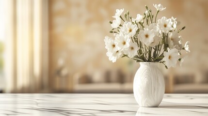 White flowers in a vase in a light-colored home interior for a product showcase