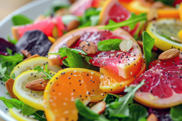 Colorful citrus salad with fresh ingredients and almonds
